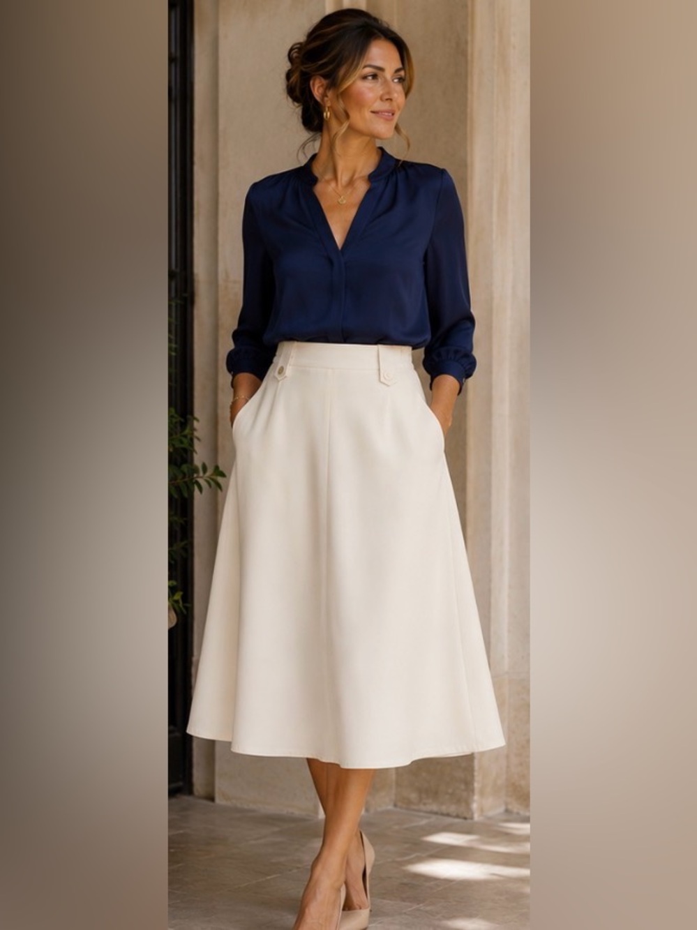 Coldwater Creek Cream A-Line Midi Skirt XL Stretch Pockets Quiet Luxury